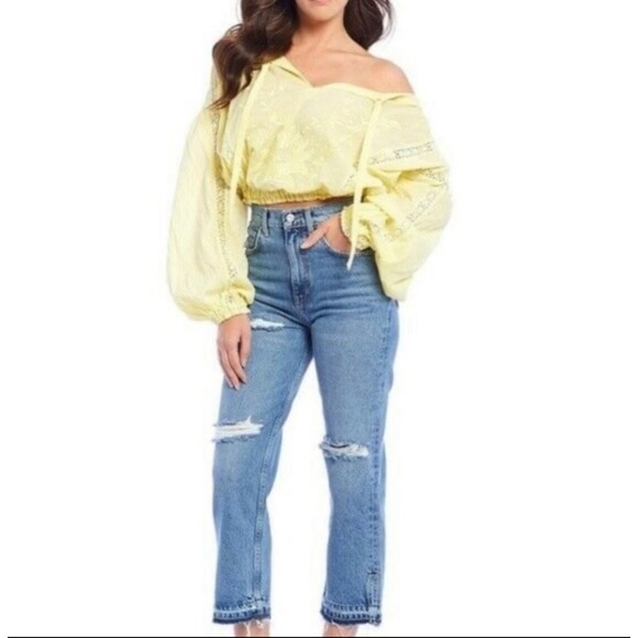 FREE PEOPLE Boho Floral Crochet Maria Lace Yellow Blouse - Picture 2 of 7